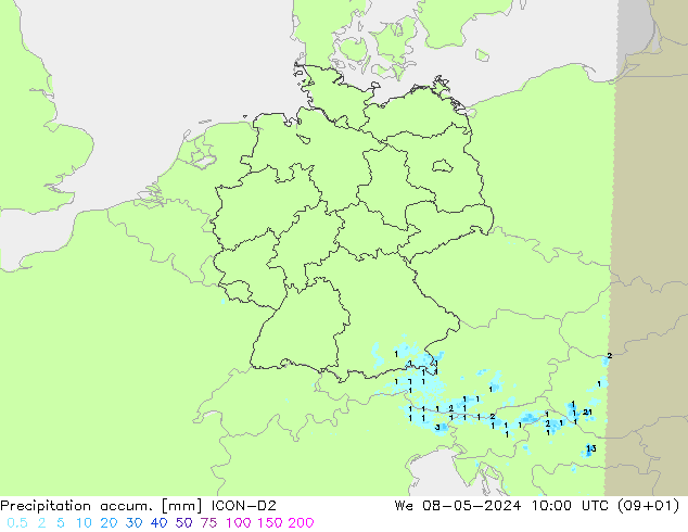 Precipitation accum. ICON-D2 星期三 08.05.2024 10 UTC
