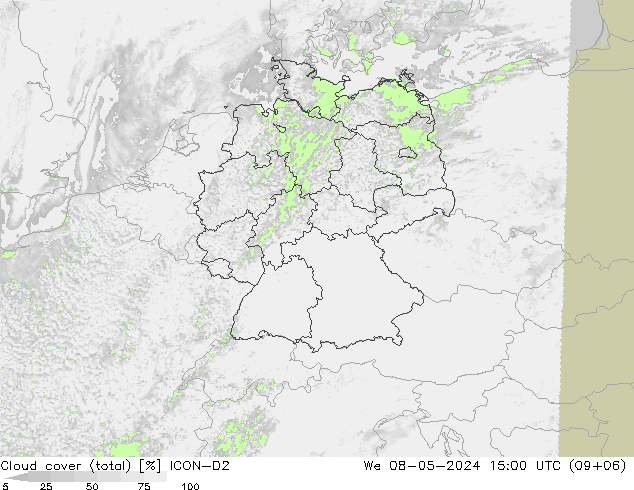 Cloud cover (total) ICON-D2 We 08.05.2024 15 UTC