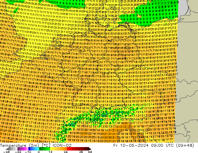 Temperaturkarte (2m) ICON-D2 Fr 10.05.2024 09 UTC