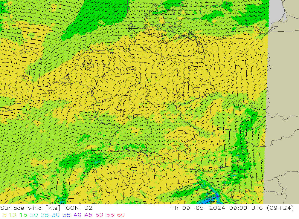 风 10 米 ICON-D2 星期四 09.05.2024 09 UTC