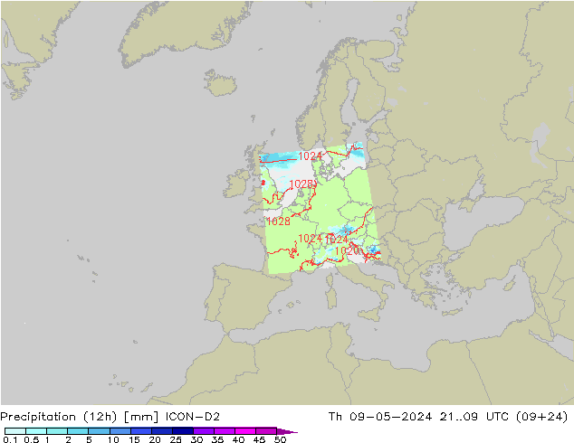 Precipitation (12h) ICON-D2 Th 09.05.2024 09 UTC