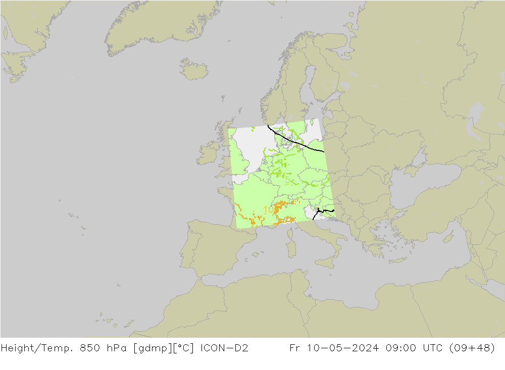 Height/Temp. 850 hPa ICON-D2 Fr 10.05.2024 09 UTC