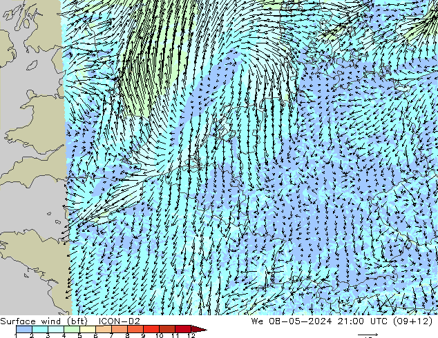 Vent 10 m (bft) ICON-D2 mer 08.05.2024 21 UTC