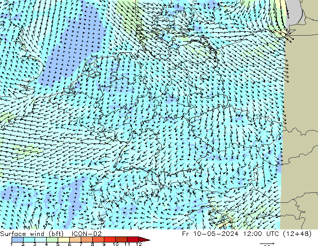 Surface wind (bft) ICON-D2 Fr 10.05.2024 12 UTC