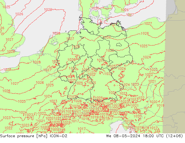 Presión superficial ICON-D2 mié 08.05.2024 18 UTC