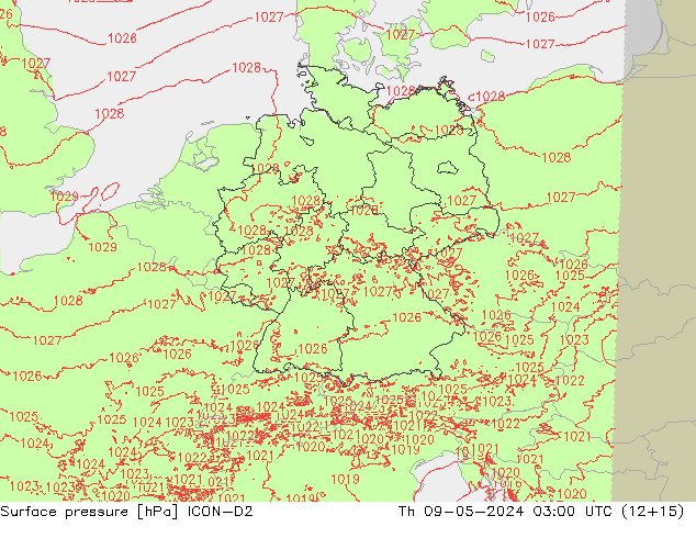 Atmosférický tlak ICON-D2 Čt 09.05.2024 03 UTC