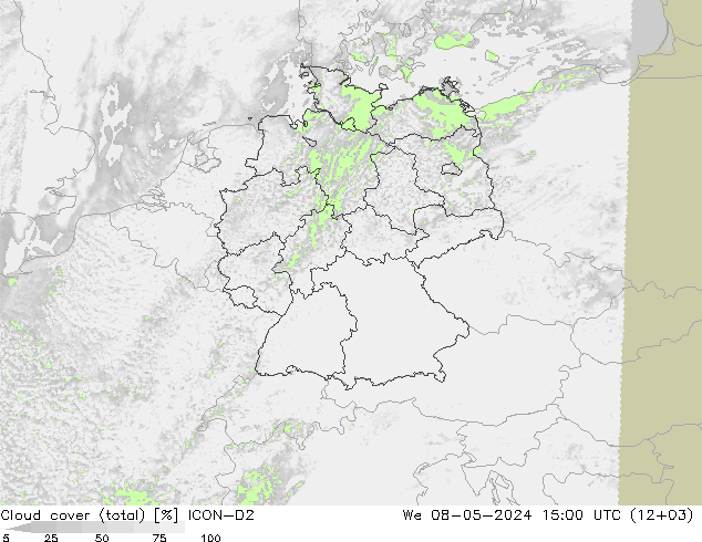 Nubes (total) ICON-D2 mié 08.05.2024 15 UTC