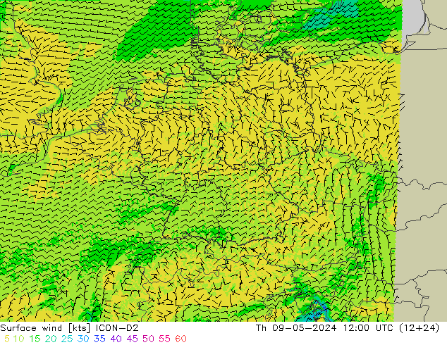 Viento 10 m ICON-D2 jue 09.05.2024 12 UTC