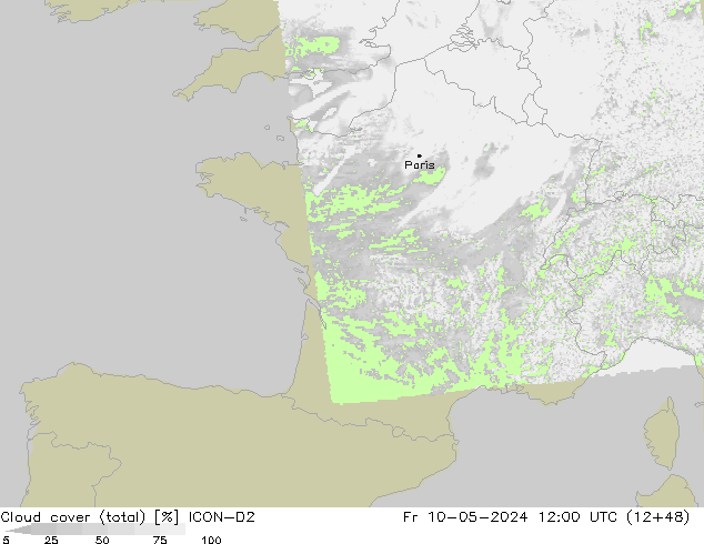 Cloud cover (total) ICON-D2 Fr 10.05.2024 12 UTC