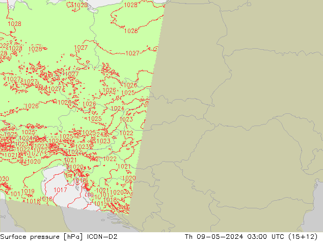 Surface pressure ICON-D2 Th 09.05.2024 03 UTC