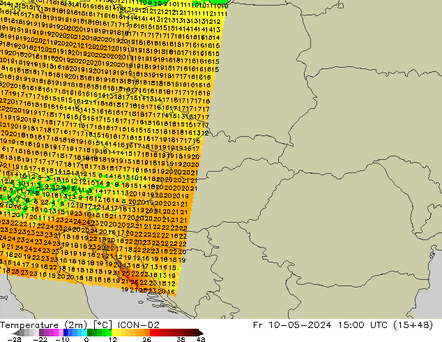 Temperatuurkaart (2m) ICON-D2 vr 10.05.2024 15 UTC