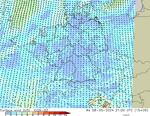 Wind 10 m (bft) ICON-D2 wo 08.05.2024 21 UTC