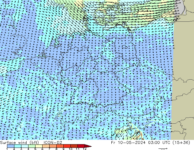 Surface wind (bft) ICON-D2 Fr 10.05.2024 03 UTC