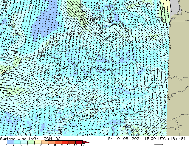 Wind 10 m (bft) ICON-D2 vr 10.05.2024 15 UTC