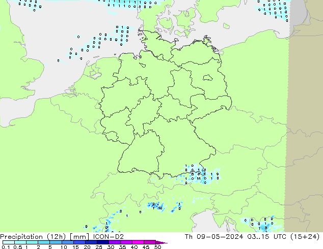 Precipitation (12h) ICON-D2 Čt 09.05.2024 15 UTC