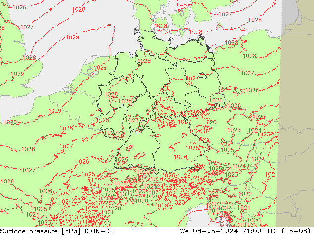 地面气压 ICON-D2 星期三 08.05.2024 21 UTC