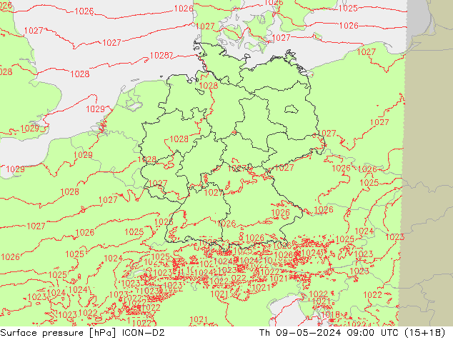 Atmosférický tlak ICON-D2 Čt 09.05.2024 09 UTC