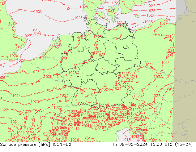 地面气压 ICON-D2 星期四 09.05.2024 15 UTC