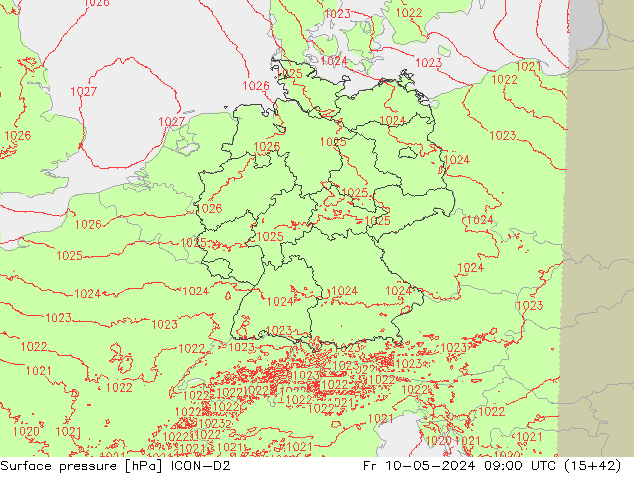 Luchtdruk (Grond) ICON-D2 vr 10.05.2024 09 UTC