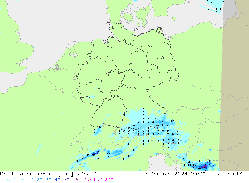 Precipitation accum. ICON-D2 Th 09.05.2024 09 UTC