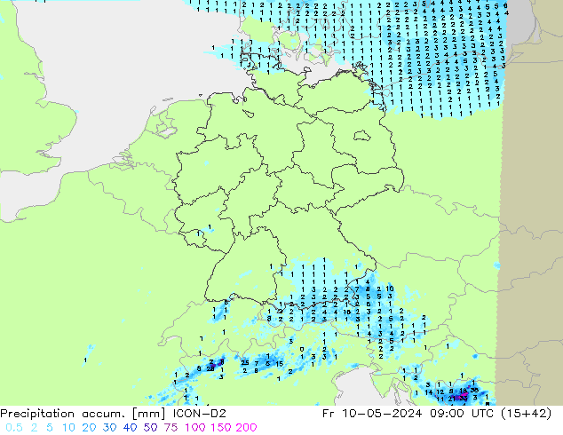 Precipitation accum. ICON-D2 ven 10.05.2024 09 UTC