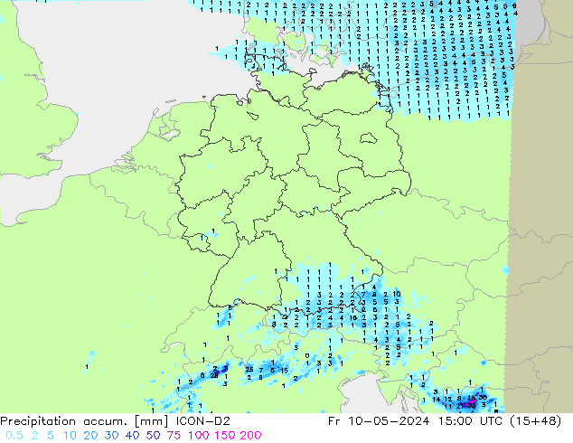 Precipitation accum. ICON-D2 Fr 10.05.2024 15 UTC
