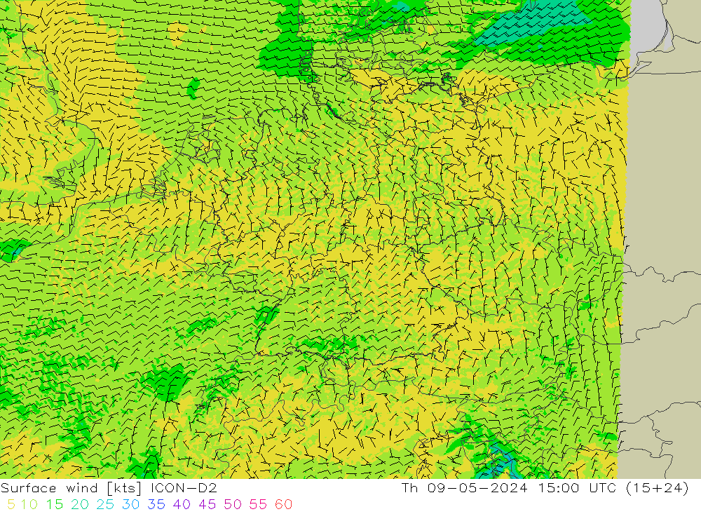 风 10 米 ICON-D2 星期四 09.05.2024 15 UTC