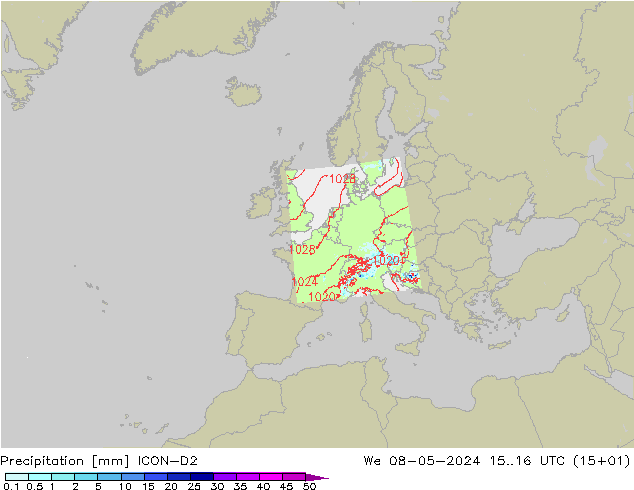 Srážky ICON-D2 St 08.05.2024 16 UTC