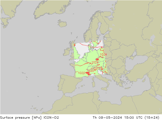 Surface pressure ICON-D2 Th 09.05.2024 15 UTC