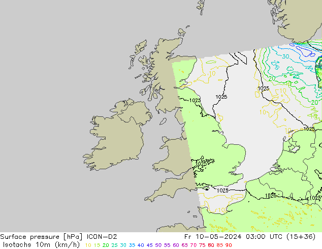 Eşrüzgar Hızları (km/sa) ICON-D2 Cu 10.05.2024 03 UTC