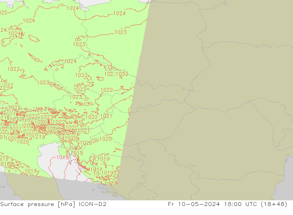Atmosférický tlak ICON-D2 Pá 10.05.2024 18 UTC