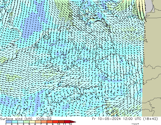Surface wind (bft) ICON-D2 Fr 10.05.2024 12 UTC