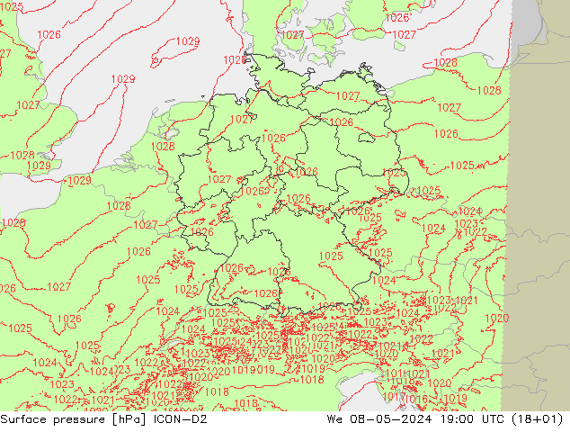 地面气压 ICON-D2 星期三 08.05.2024 19 UTC