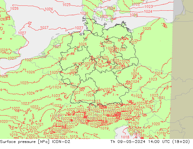 Bodendruck ICON-D2 Do 09.05.2024 14 UTC