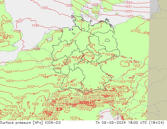 地面气压 ICON-D2 星期四 09.05.2024 18 UTC