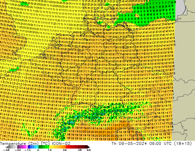 Temperatuurkaart (2m) ICON-D2 do 09.05.2024 09 UTC