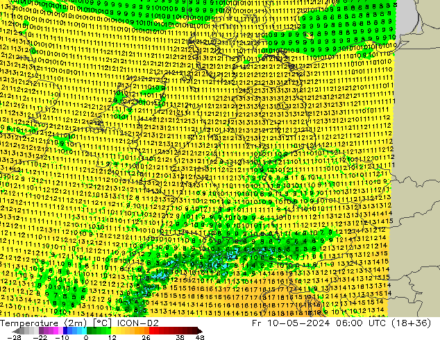 Temperaturkarte (2m) ICON-D2 Fr 10.05.2024 06 UTC