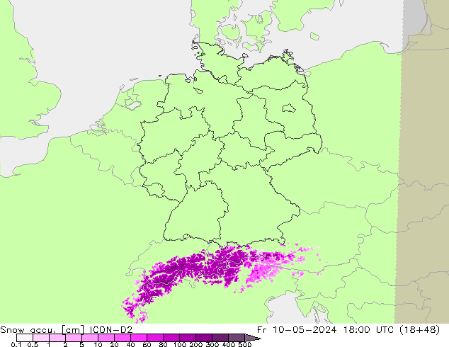 Snow accu. ICON-D2 ven 10.05.2024 18 UTC