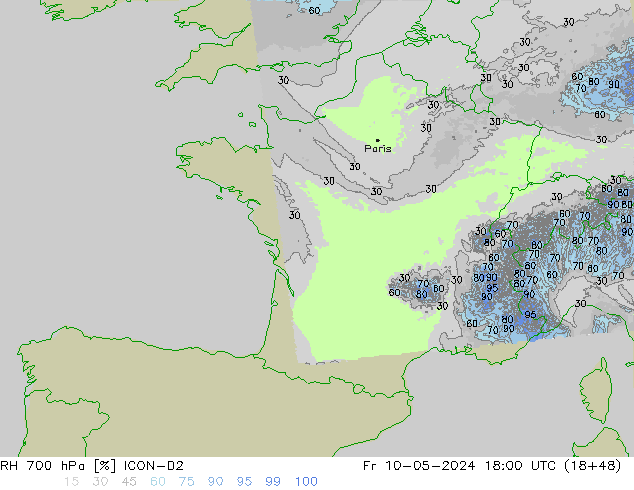 Humidité rel. 700 hPa ICON-D2 ven 10.05.2024 18 UTC