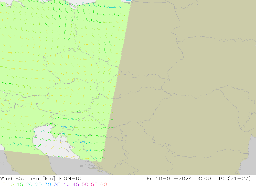 wiatr 850 hPa ICON-D2 pt. 10.05.2024 00 UTC