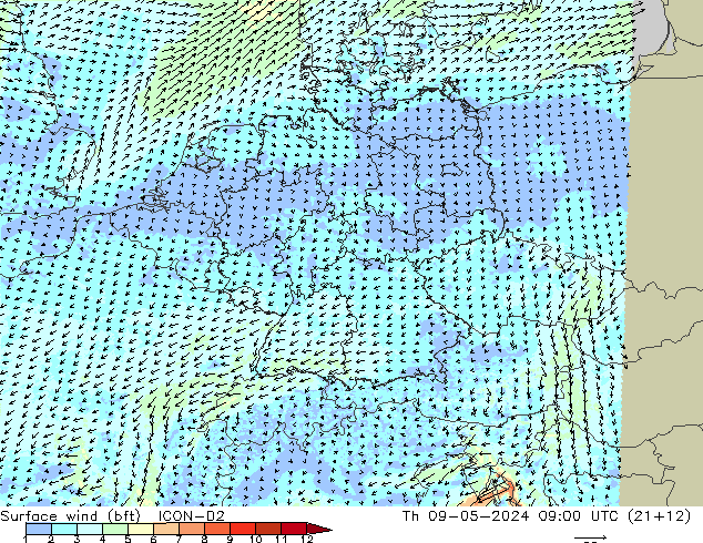 Surface wind (bft) ICON-D2 Th 09.05.2024 09 UTC