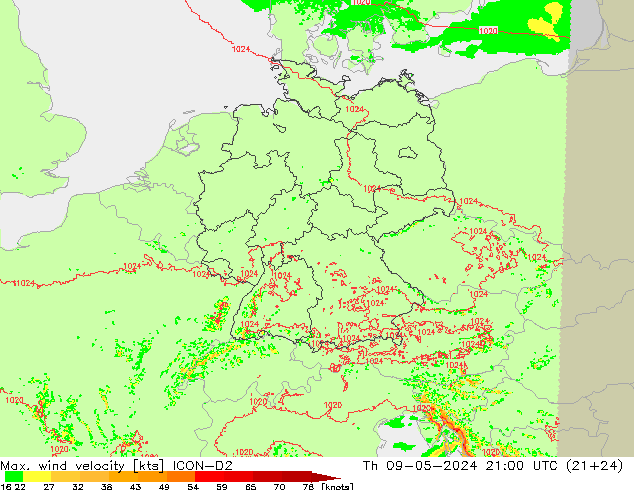 Max. wind velocity ICON-D2 Th 09.05.2024 21 UTC