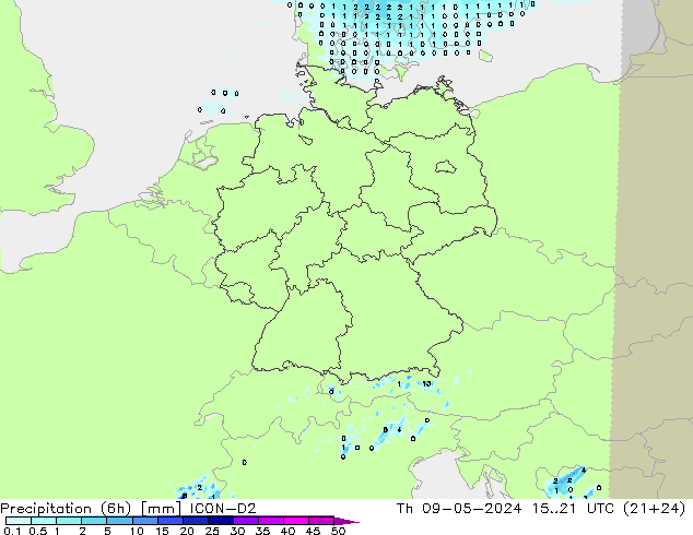 Precipitación (6h) ICON-D2 jue 09.05.2024 21 UTC