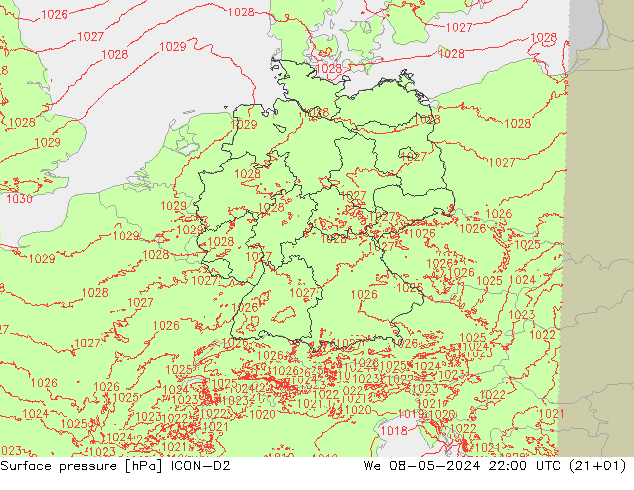 地面气压 ICON-D2 星期三 08.05.2024 22 UTC