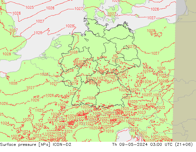 地面气压 ICON-D2 星期四 09.05.2024 03 UTC