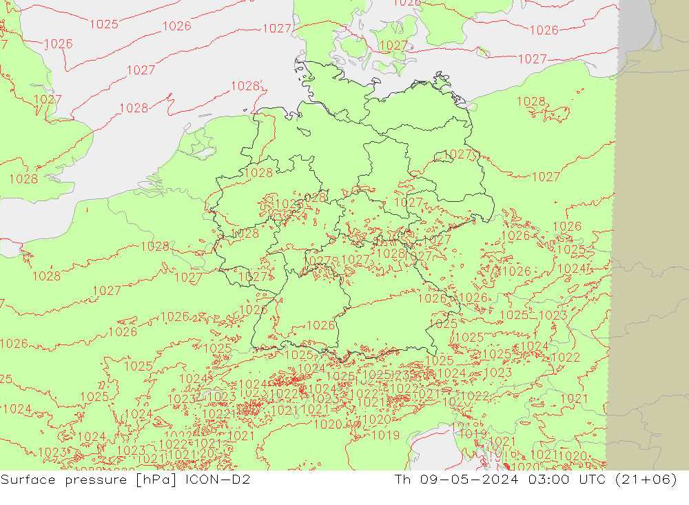 Presión superficial ICON-D2 jue 09.05.2024 03 UTC