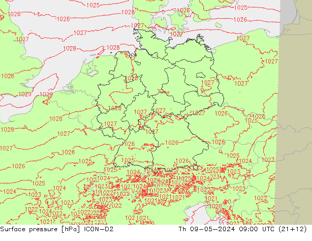 Surface pressure ICON-D2 Th 09.05.2024 09 UTC