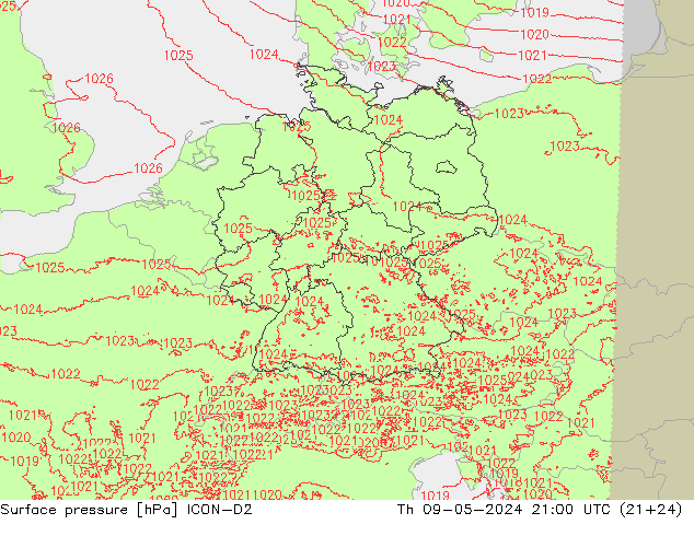 地面气压 ICON-D2 星期四 09.05.2024 21 UTC