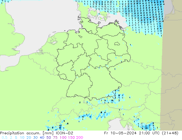 Totale neerslag ICON-D2 vr 10.05.2024 21 UTC