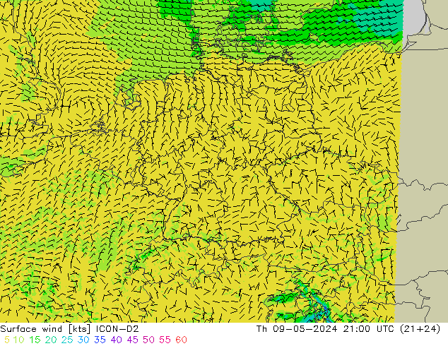 风 10 米 ICON-D2 星期四 09.05.2024 21 UTC